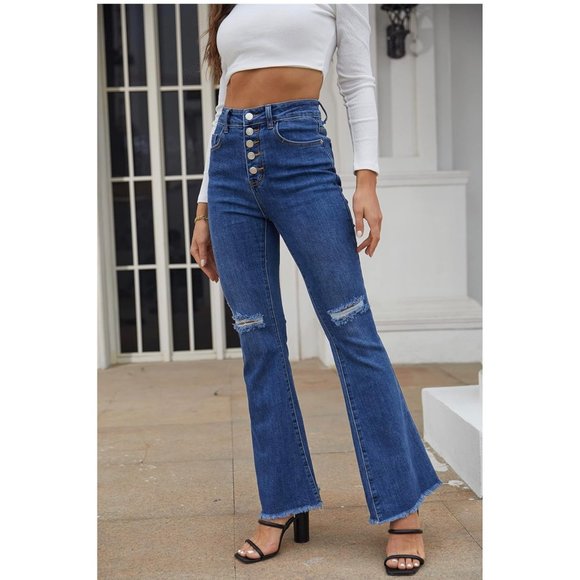 heipeiwa Women's Rhinestone Patchwork Flare Jeans High Rise Bell Bottom Raw Jean - Picture 3 of 9